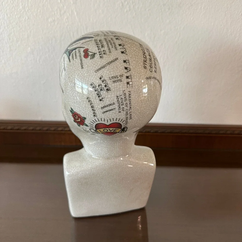 Traditional Tattooed Phrenology Head Bust Three Hands Corp Crackle Glazed